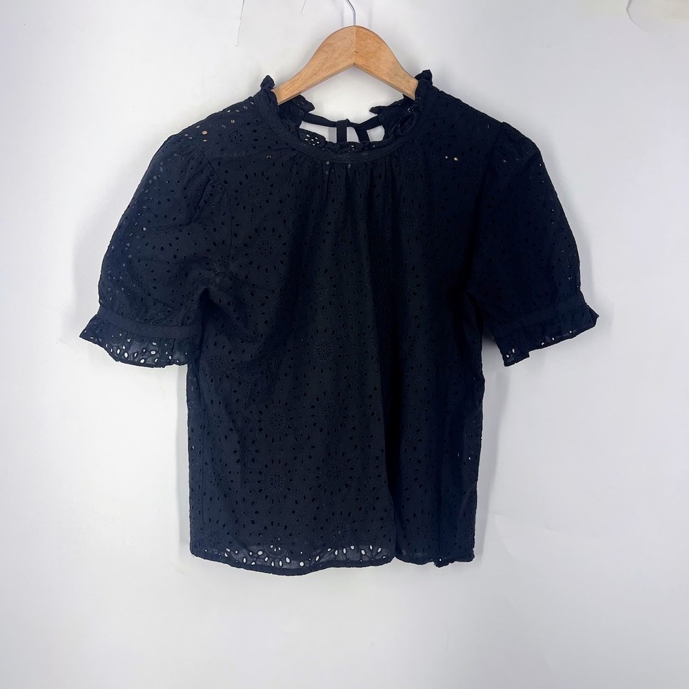 Madewell Black Eyelet Ruffle High Neck Tie Back Short Sleeve Blouse Small